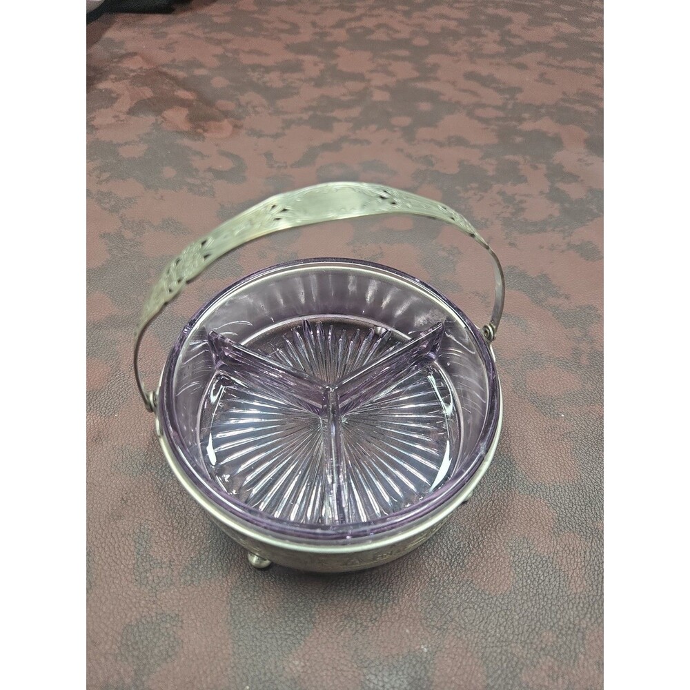 Vintage Farberware Pink Depression Glass Divided Relish Dish w/ Metal Caddy